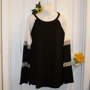 COEUR de VAGUE XXL NWOT Stretch Knit Top Black White & Leopard Stripes Lg Sleeve
